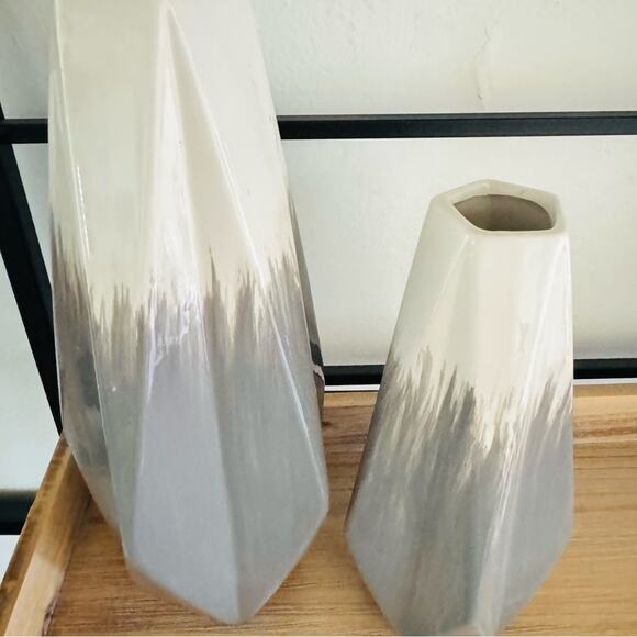 2 VINTAGE White Grey Gray Ridged Ceramic Vase Decor Mid Century Modern Retro - Picture 9 of 9